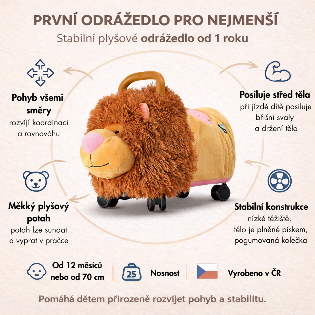Odrážedlo FUNNY WHEELS Rider Ride-On lvíček plyšový